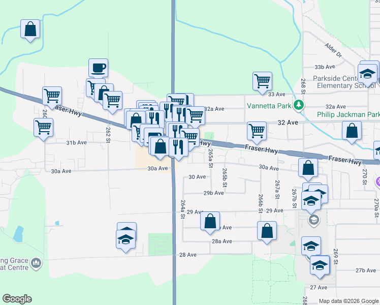 map of restaurants, bars, coffee shops, grocery stores, and more near 26451 30A Avenue in Langley Township