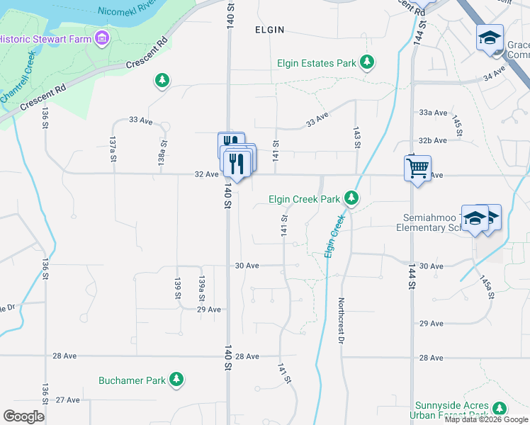 map of restaurants, bars, coffee shops, grocery stores, and more near 14065 31A Avenue in Surrey