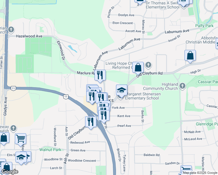 map of restaurants, bars, coffee shops, grocery stores, and more near 3130 Immel Street in Abbotsford