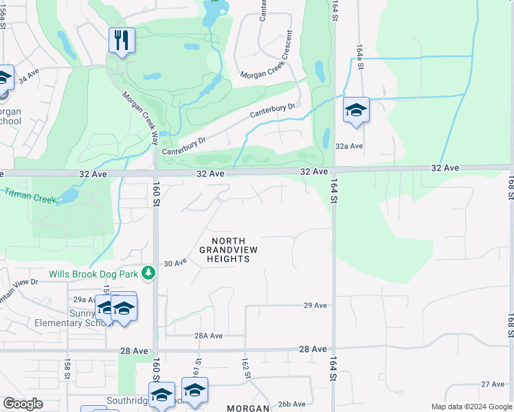 map of restaurants, bars, coffee shops, grocery stores, and more near 3091 162 Street in Surrey