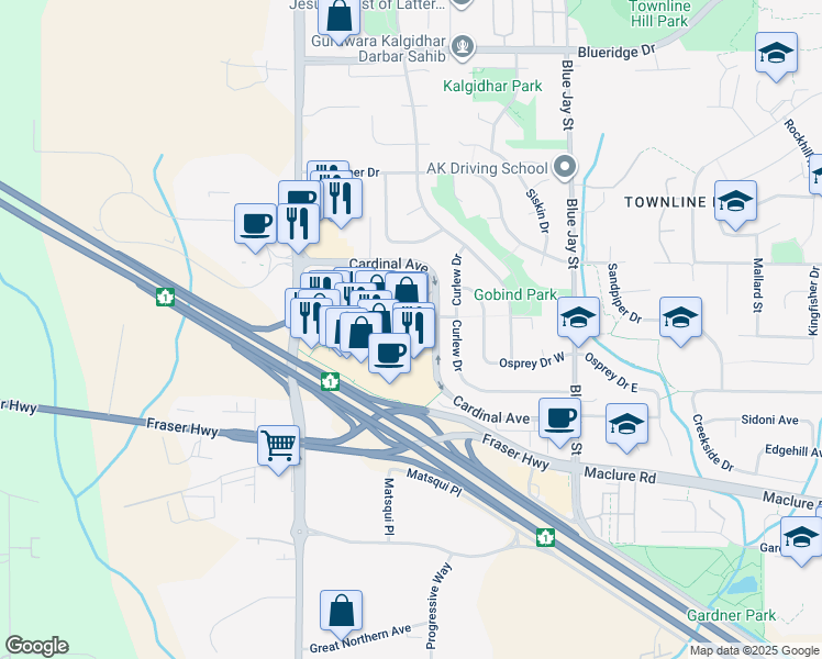 map of restaurants, bars, coffee shops, grocery stores, and more near 3122 Mount Lehman Road in Abbotsford