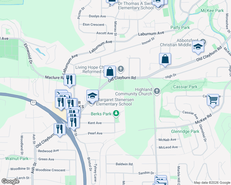 map of restaurants, bars, coffee shops, grocery stores, and more near 34603 Somerset Avenue in Abbotsford