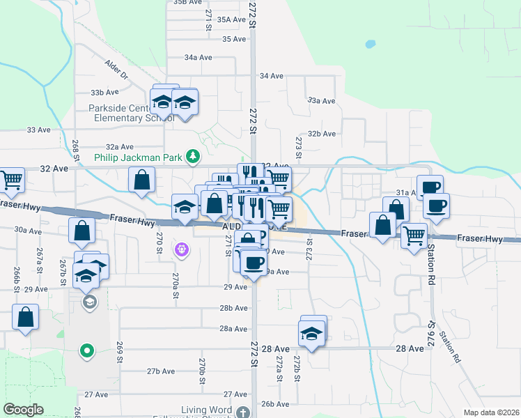 map of restaurants, bars, coffee shops, grocery stores, and more near 27218 ALDERGROVE TOWN CENTRE Drive in Langley Township