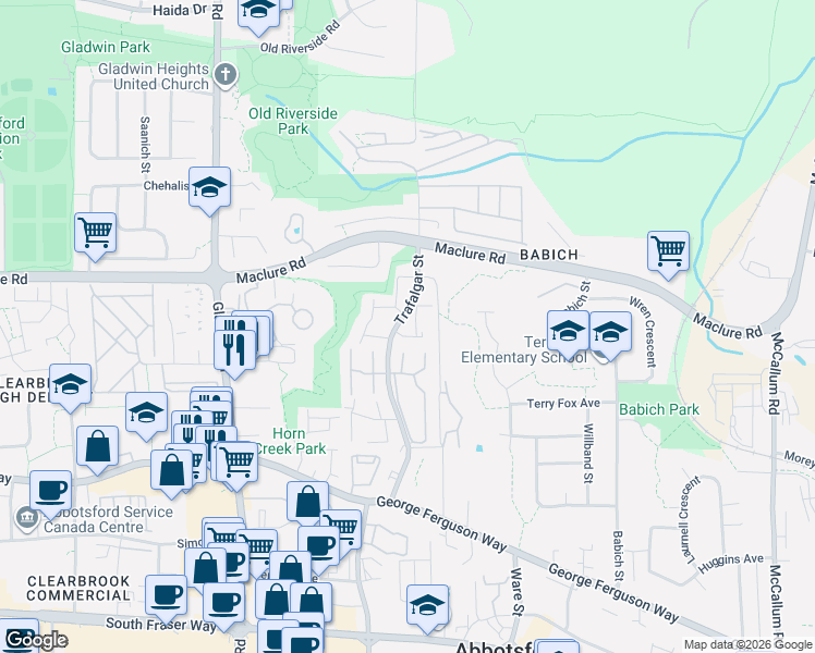 map of restaurants, bars, coffee shops, grocery stores, and more near 3110 Trafalgar Street in Abbotsford