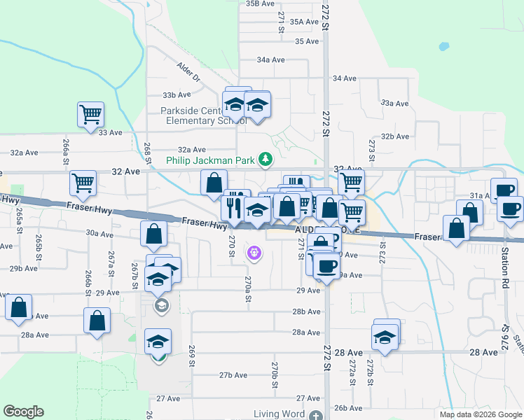 map of restaurants, bars, coffee shops, grocery stores, and more near 27044 32 Avenue in Langley Township