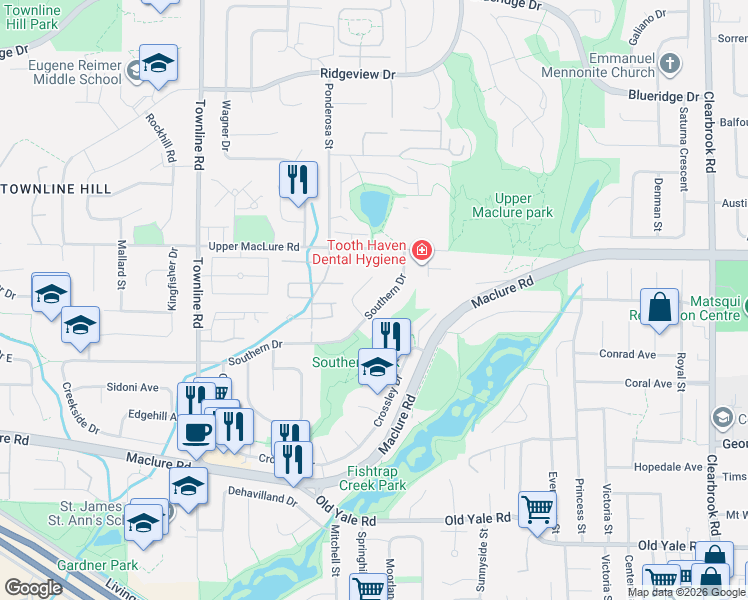 map of restaurants, bars, coffee shops, grocery stores, and more near 31481 Southern Drive in Abbotsford