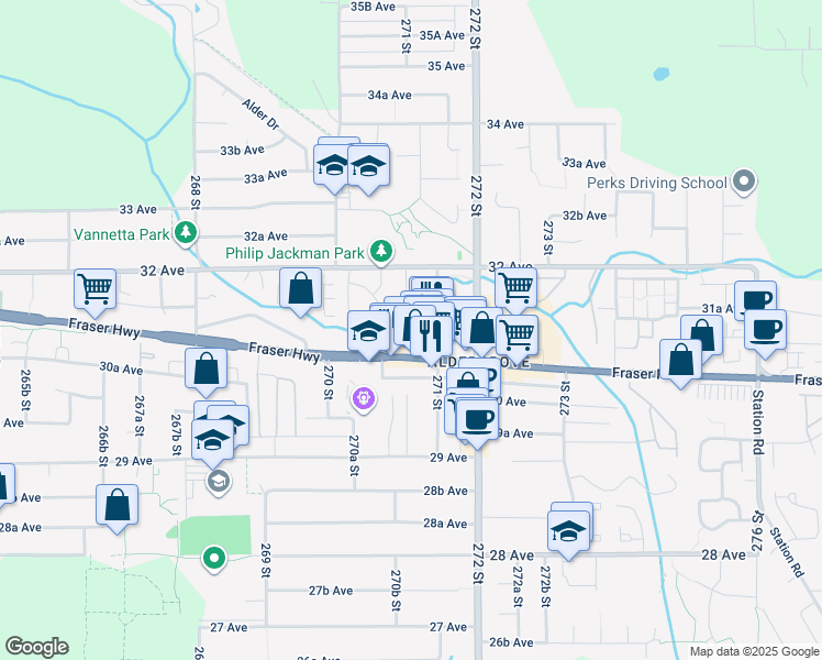 map of restaurants, bars, coffee shops, grocery stores, and more near 27125 31A Avenue in Langley