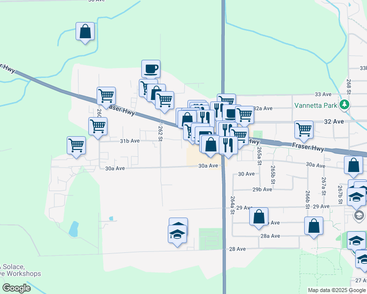 map of restaurants, bars, coffee shops, grocery stores, and more near 45349 262B Street in Langley Township