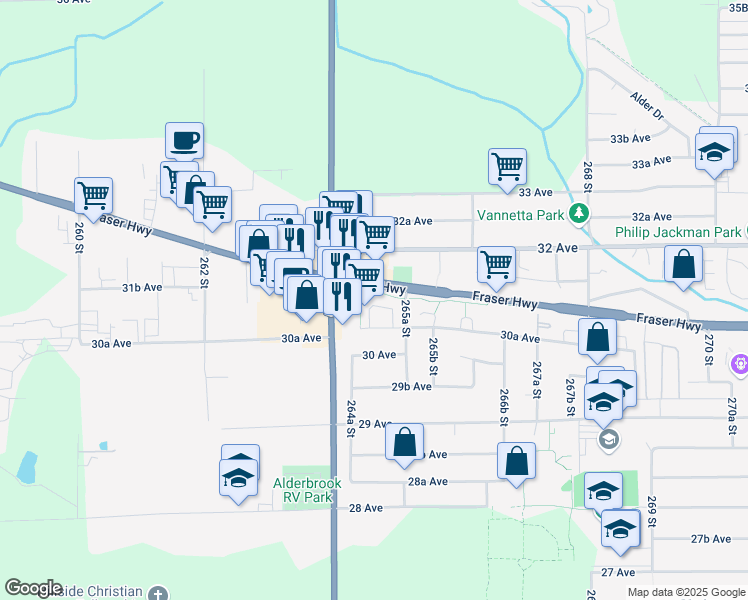 map of restaurants, bars, coffee shops, grocery stores, and more near 26457 30A Avenue in Langley Township
