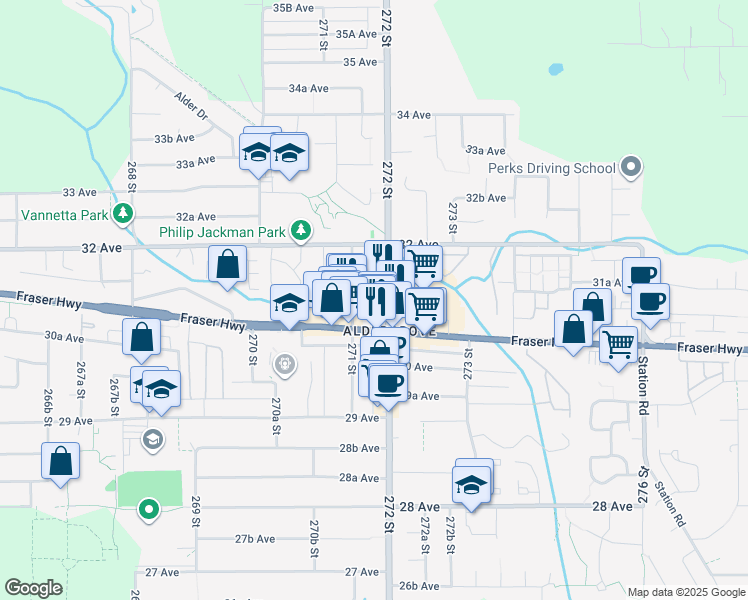 map of restaurants, bars, coffee shops, grocery stores, and more near in Langley Township