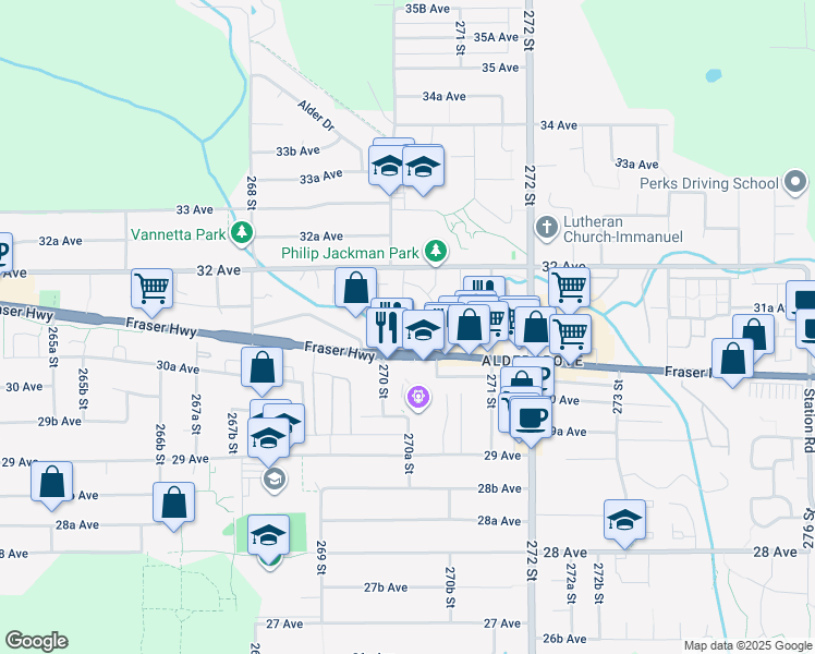 map of restaurants, bars, coffee shops, grocery stores, and more near 27044 32 Avenue in Langley Township