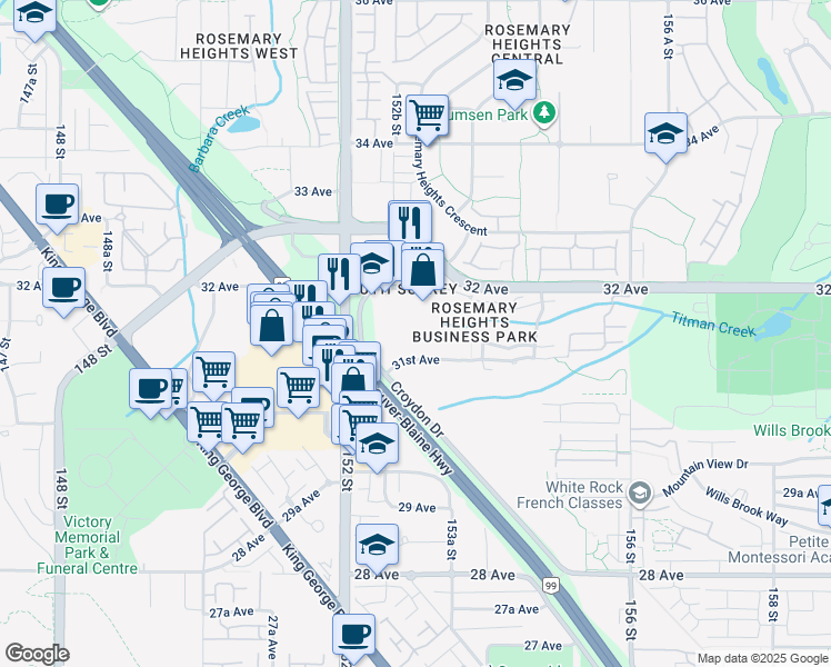 map of restaurants, bars, coffee shops, grocery stores, and more near 15303 31st Avenue in Surrey