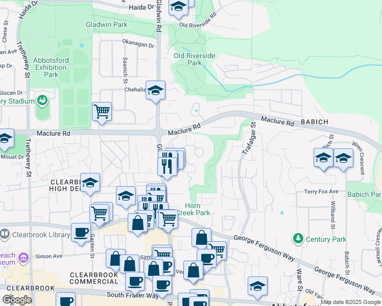 map of restaurants, bars, coffee shops, grocery stores, and more near 3172 Gladwin Road in Abbotsford