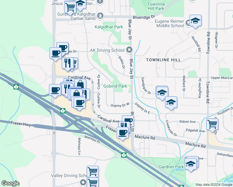map of restaurants, bars, coffee shops, grocery stores, and more near 3118 Goldfinch Street in Abbotsford