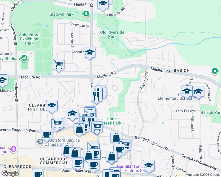 map of restaurants, bars, coffee shops, grocery stores, and more near in Abbotsford