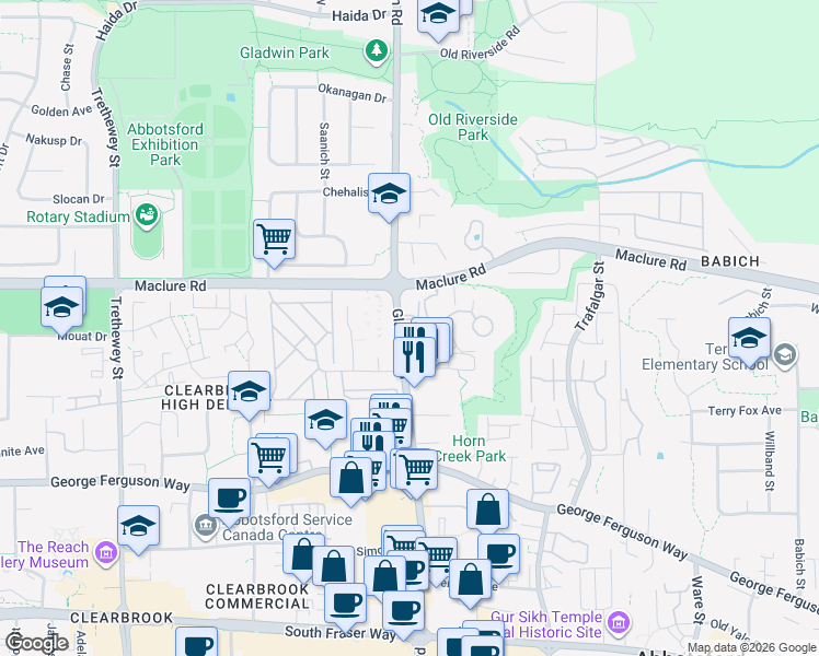 map of restaurants, bars, coffee shops, grocery stores, and more near in Abbotsford