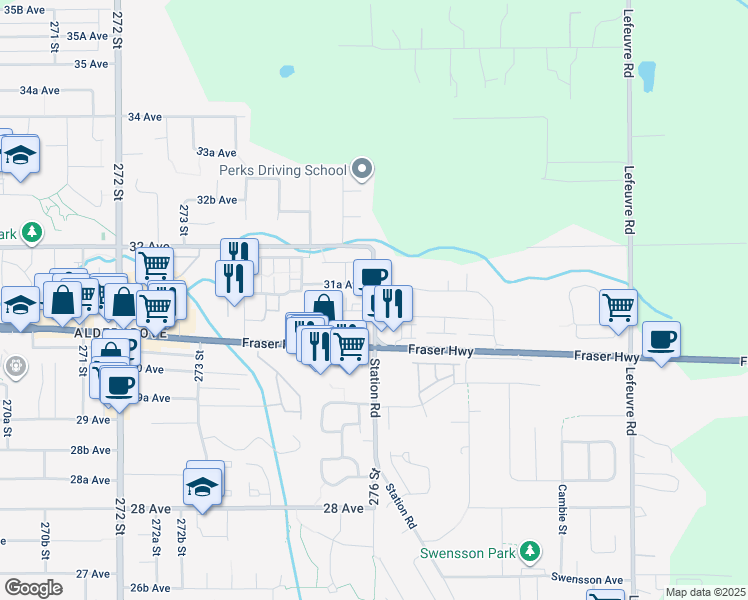map of restaurants, bars, coffee shops, grocery stores, and more near 3121 276 Street in Langley Township