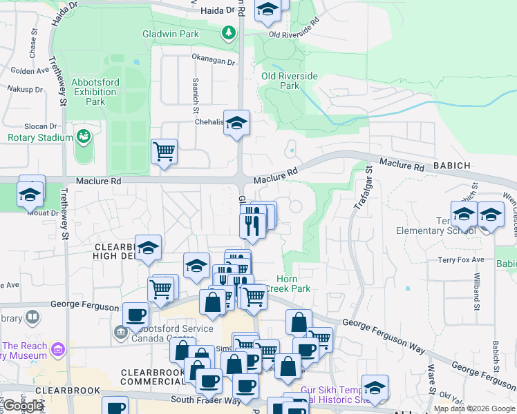 map of restaurants, bars, coffee shops, grocery stores, and more near 3150 Gladwin Road in Abbotsford