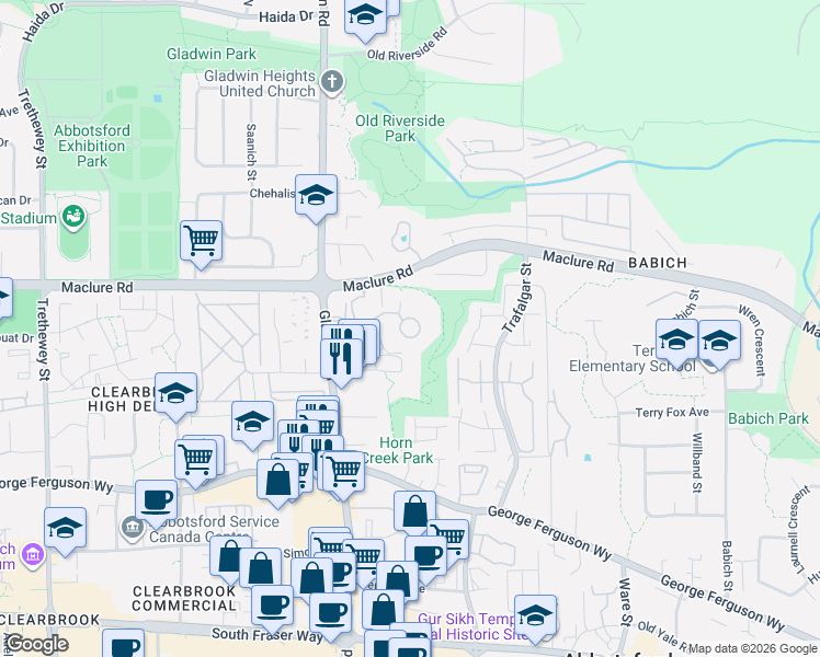 map of restaurants, bars, coffee shops, grocery stores, and more near 3174 Gladwin Road in Abbotsford