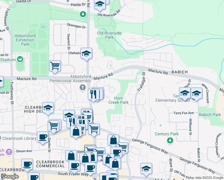 map of restaurants, bars, coffee shops, grocery stores, and more near 3174 Gladwin Road in Abbotsford