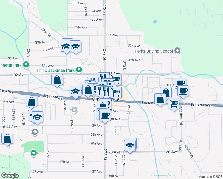 map of restaurants, bars, coffee shops, grocery stores, and more near 3100 272 Street in Langley Township
