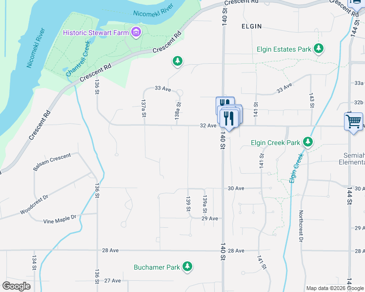 map of restaurants, bars, coffee shops, grocery stores, and more near 3147 139 Street in Surrey