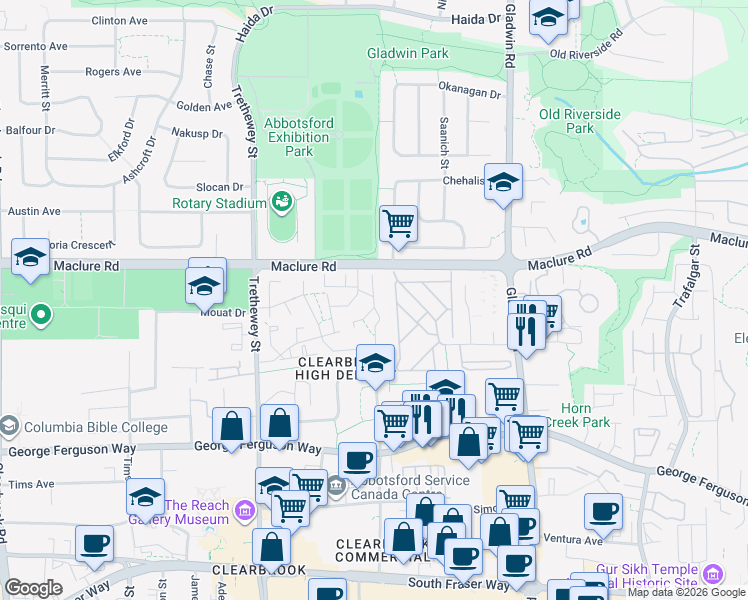 map of restaurants, bars, coffee shops, grocery stores, and more near 32718 Garibaldi Dr in Abbotsford
