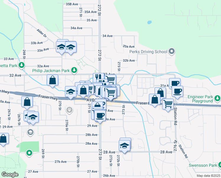 map of restaurants, bars, coffee shops, grocery stores, and more near in Langley Township