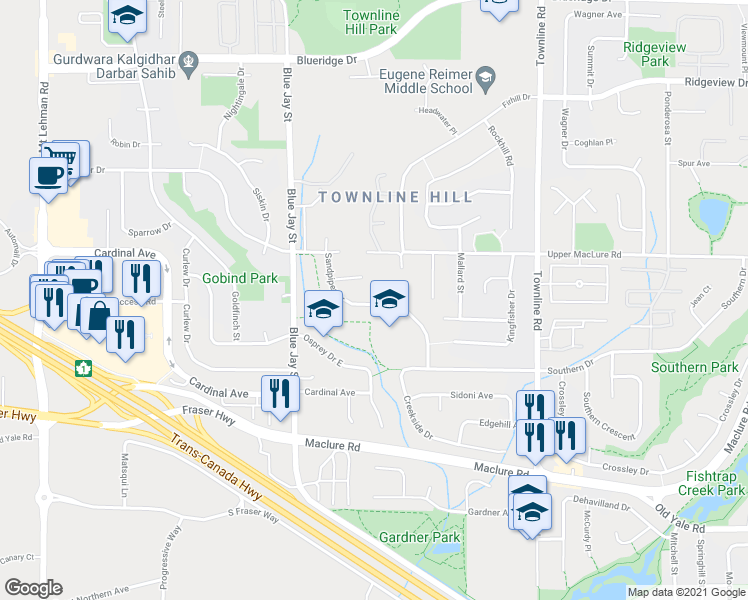 map of restaurants, bars, coffee shops, grocery stores, and more near 30929 Sandpiper Drive in Abbotsford