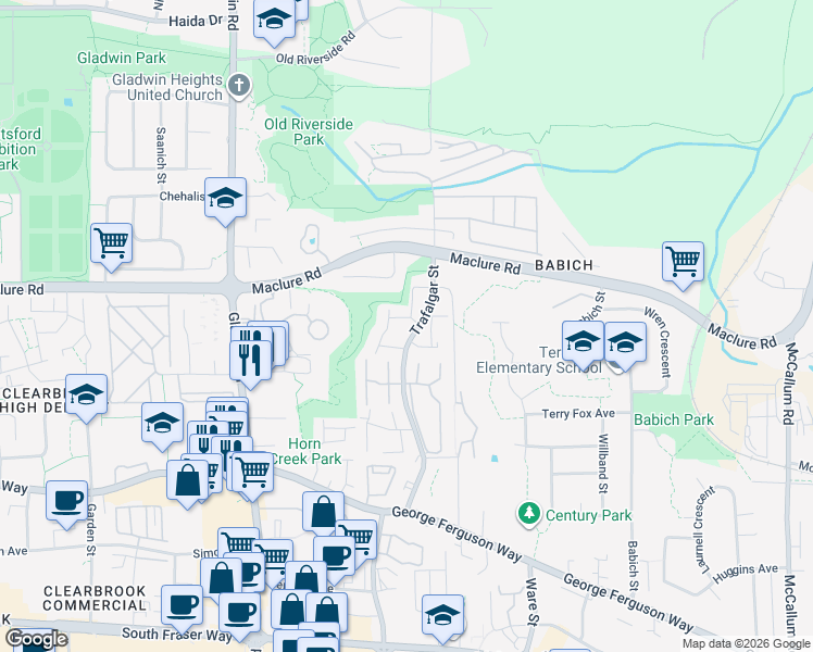 map of restaurants, bars, coffee shops, grocery stores, and more near 3115 Trafalgar Street in Abbotsford
