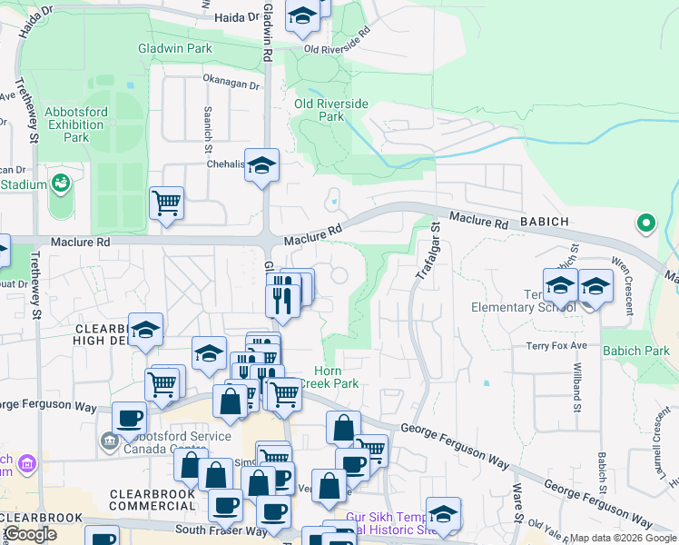 map of restaurants, bars, coffee shops, grocery stores, and more near in Abbotsford