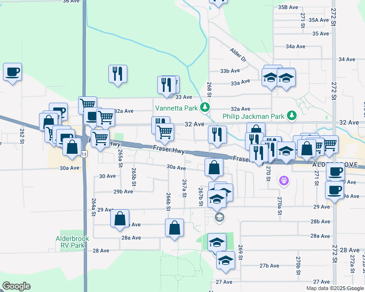 map of restaurants, bars, coffee shops, grocery stores, and more near 26725 Fraser Highway in Langley Township