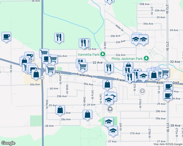 map of restaurants, bars, coffee shops, grocery stores, and more near in Langley Township