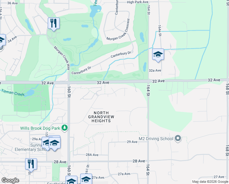 map of restaurants, bars, coffee shops, grocery stores, and more near 162 Street in Surrey