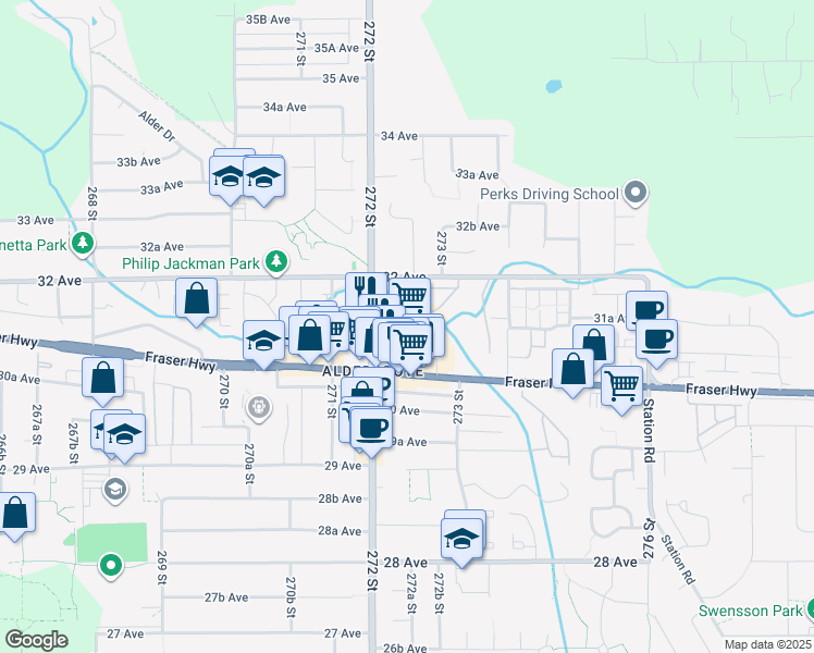 map of restaurants, bars, coffee shops, grocery stores, and more near 27215 ALDERGROVE TOWN CENTRE Drive in Langley Township