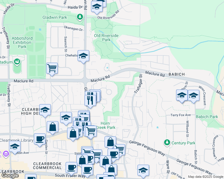 map of restaurants, bars, coffee shops, grocery stores, and more near 3176 Gladwin Road in Abbotsford