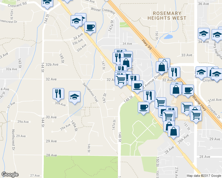 map of restaurants, bars, coffee shops, grocery stores, and more near 14763 31A Avenue in Surrey