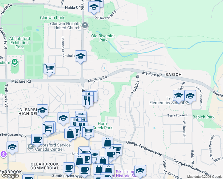 map of restaurants, bars, coffee shops, grocery stores, and more near 3182 Gladwin Road in Abbotsford