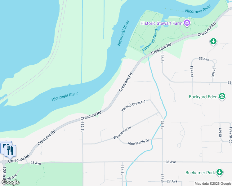 map of restaurants, bars, coffee shops, grocery stores, and more near 13378 Crescent Road in Surrey