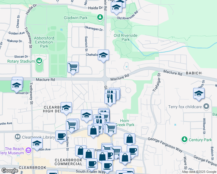 map of restaurants, bars, coffee shops, grocery stores, and more near in Abbotsford