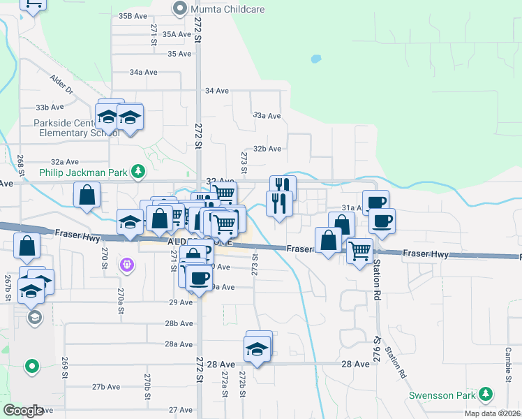 map of restaurants, bars, coffee shops, grocery stores, and more near 3100 272 Street in Langley Township