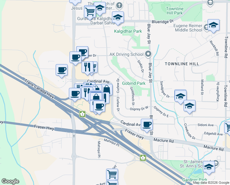 map of restaurants, bars, coffee shops, grocery stores, and more near 3137 Curlew Drive in Abbotsford