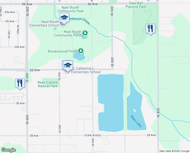 map of restaurants, bars, coffee shops, grocery stores, and more near 3152 204 Street in Langley City