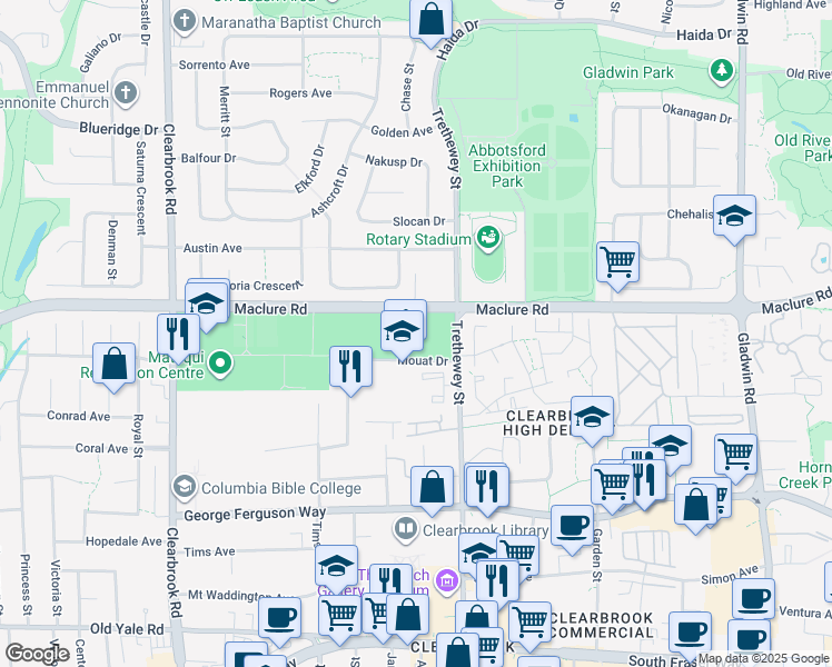 map of restaurants, bars, coffee shops, grocery stores, and more near 32355 Mouat Drive in Abbotsford