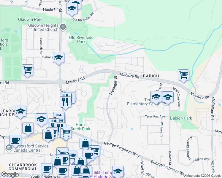 map of restaurants, bars, coffee shops, grocery stores, and more near 3115 Trafalgar Street in Abbotsford