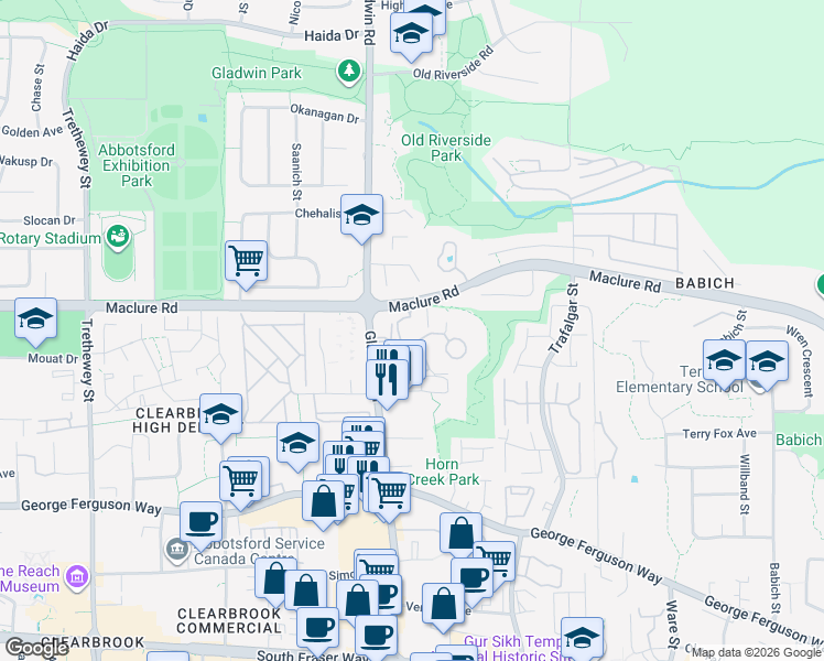 map of restaurants, bars, coffee shops, grocery stores, and more near 3150 Gladwin Road in Abbotsford