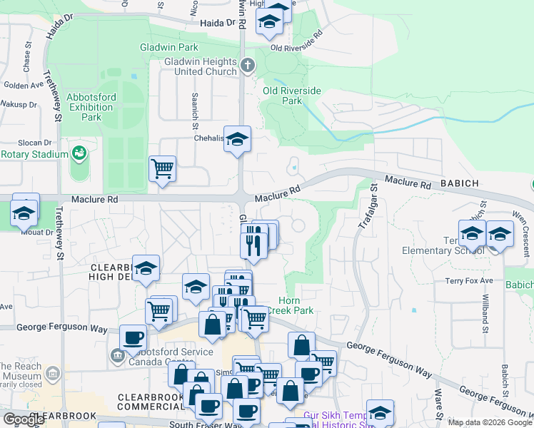 map of restaurants, bars, coffee shops, grocery stores, and more near 3150 Gladwin Road in Abbotsford