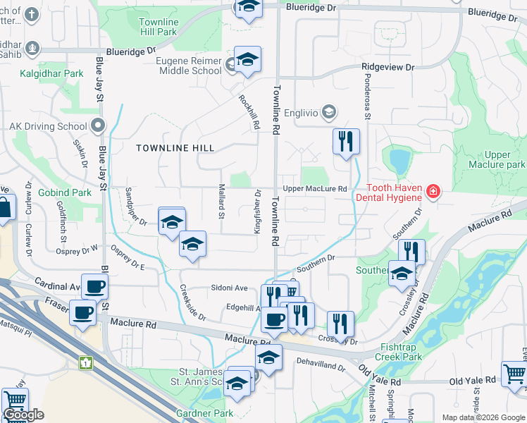 map of restaurants, bars, coffee shops, grocery stores, and more near 3154 Kingfisher Drive in Abbotsford