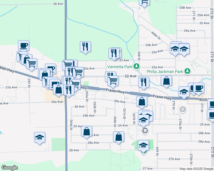 map of restaurants, bars, coffee shops, grocery stores, and more near 26595 30A Avenue in Langley Township