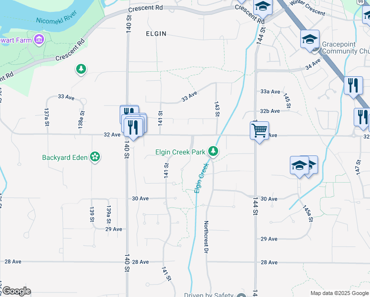 map of restaurants, bars, coffee shops, grocery stores, and more near 3155 142 Street in Surrey